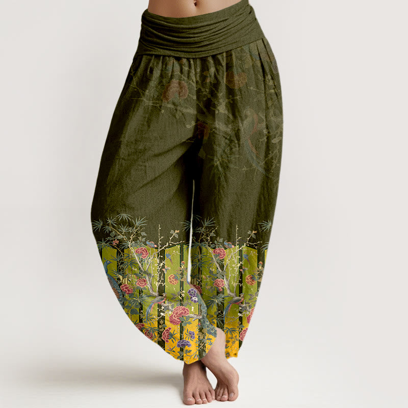 Breathable Cotton Botanical Pleated Waist Meditation Harem Pants