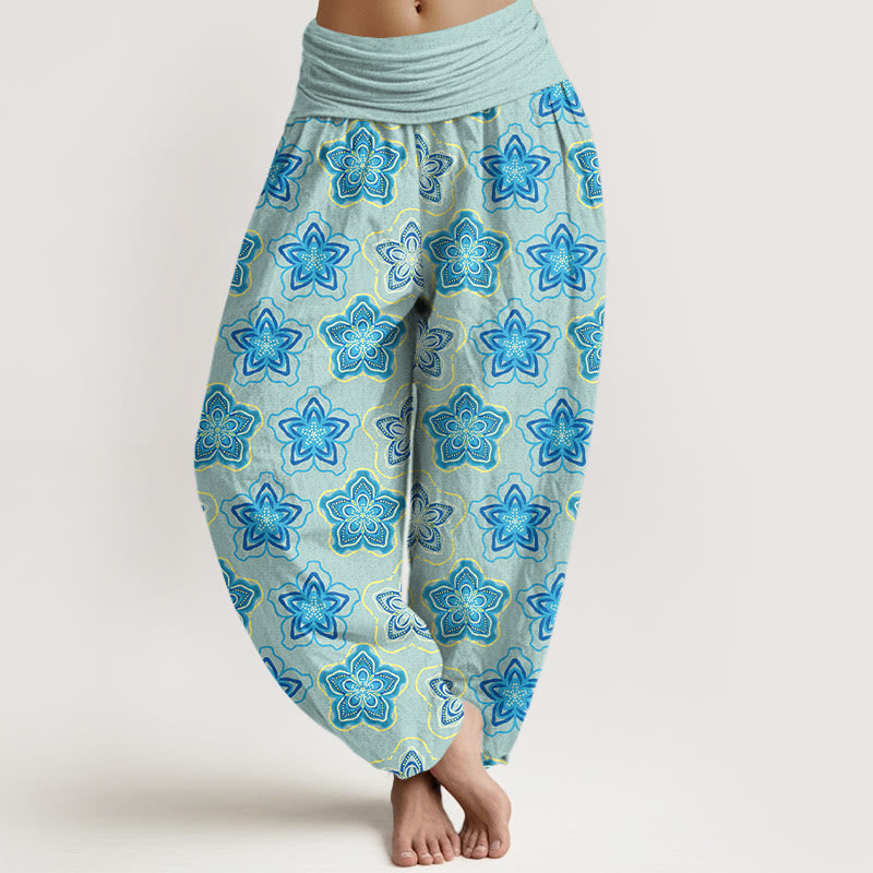 Cotton Pleated Waist Geometric Floral Meditation Harem Pants
