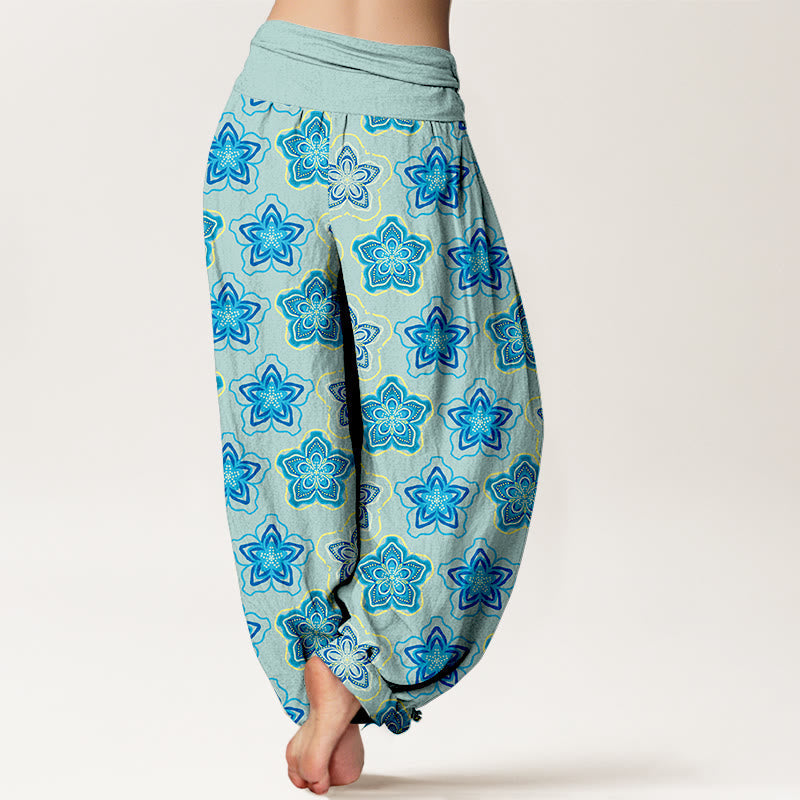 Cotton Pleated Waist Geometric Floral Meditation Harem Pants