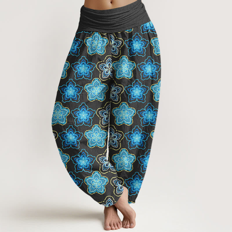 Cotton Pleated Waist Geometric Floral Meditation Harem Pants