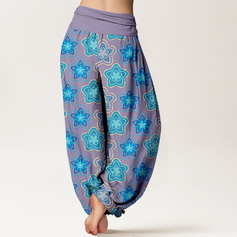 Cotton Pleated Waist Geometric Floral Meditation Harem Pants