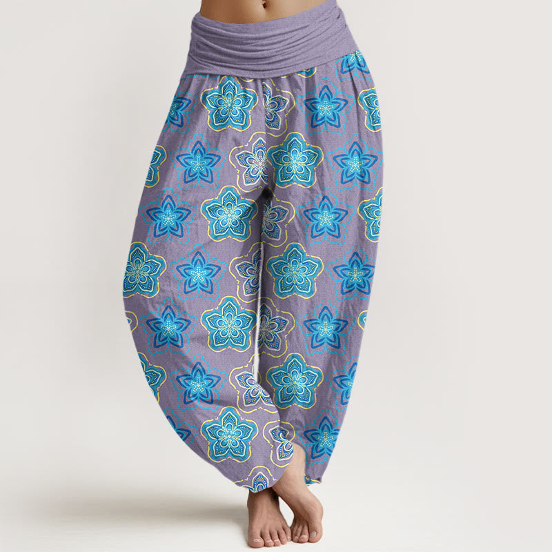 Cotton Pleated Waist Geometric Floral Meditation Harem Pants