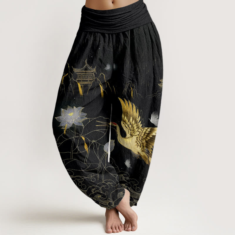 Breathable Cotton Crane Print Meditation Harem Pants