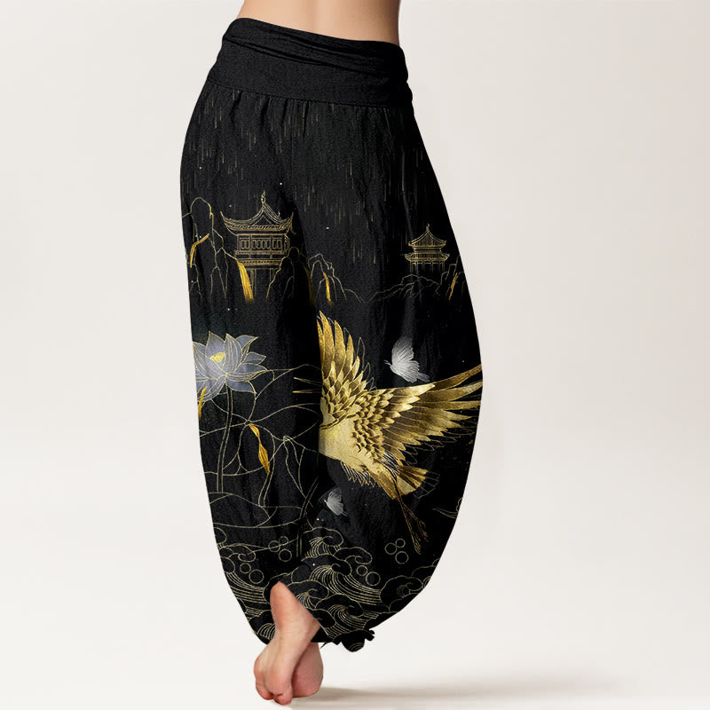 Breathable Cotton Crane Print Meditation Harem Pants