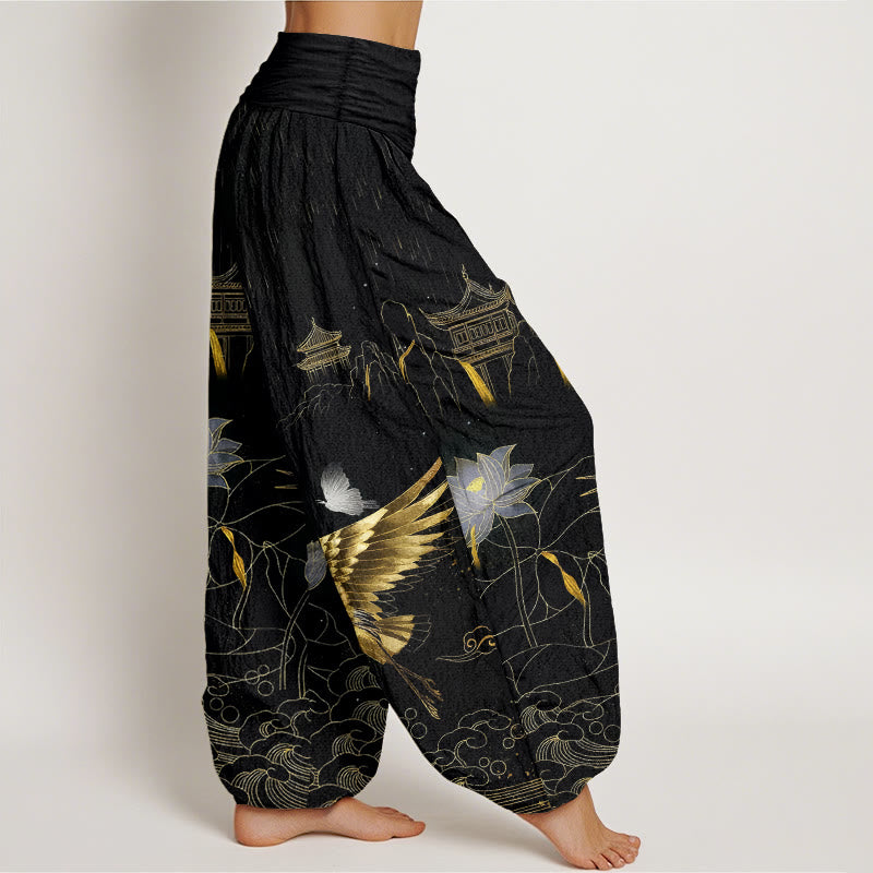 Breathable Cotton Crane Print Meditation Harem Pants