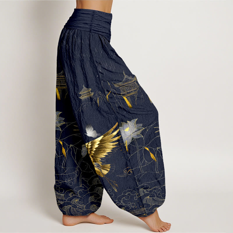 Breathable Cotton Crane Print Meditation Harem Pants