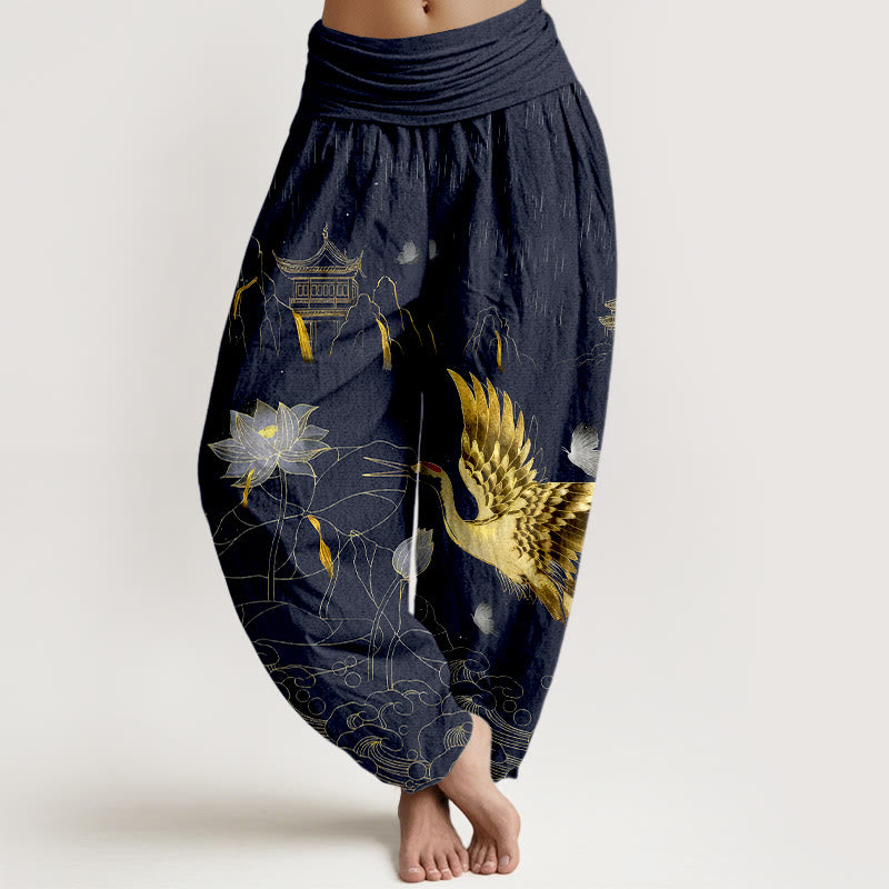 Breathable Cotton Crane Print Meditation Harem Pants