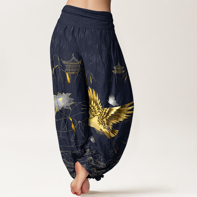 Breathable Cotton Crane Print Meditation Harem Pants