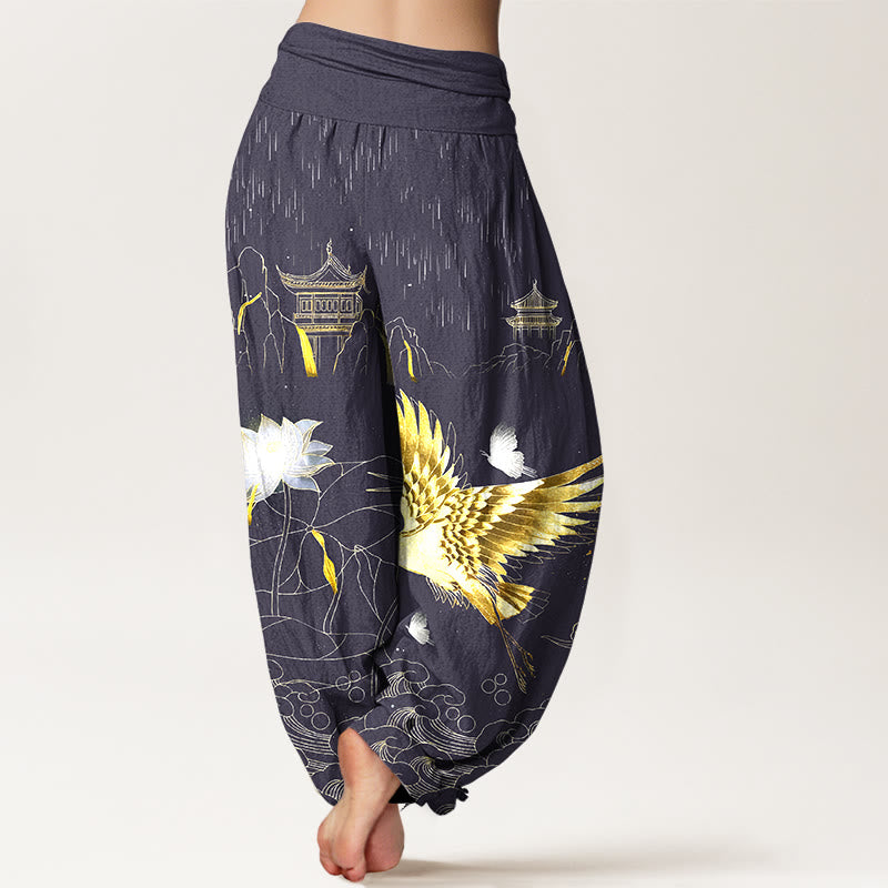 Breathable Cotton Crane Print Meditation Harem Pants