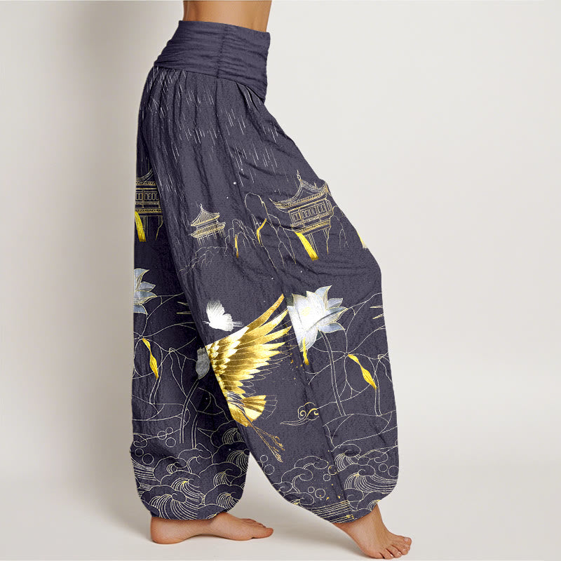 Breathable Cotton Crane Print Meditation Harem Pants
