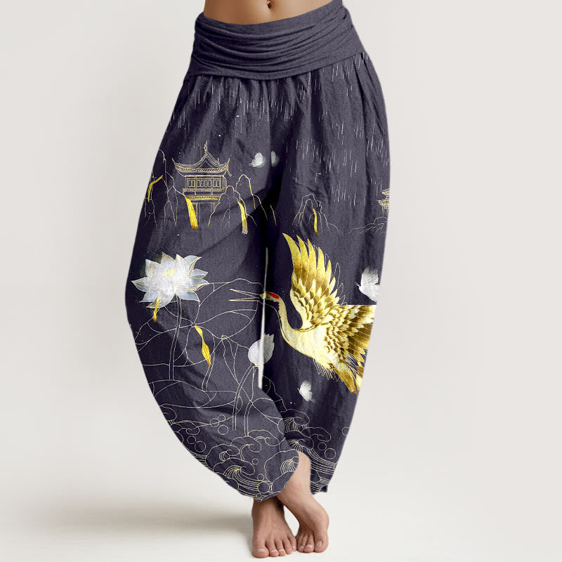 Breathable Cotton Crane Print Meditation Harem Pants