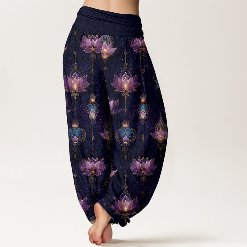 Tactile Cotton Pleated Waist Lotus Print Meditation Harem Pants