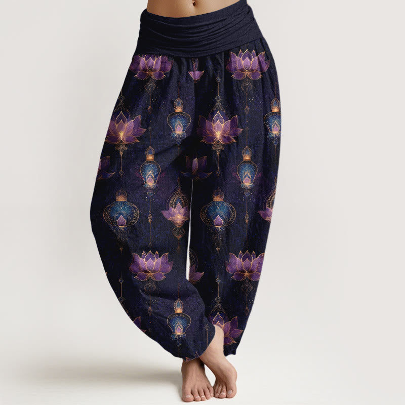 Tactile Cotton Pleated Waist Lotus Print Meditation Harem Pants