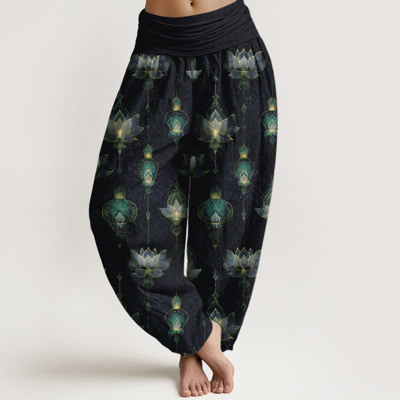 Tactile Cotton Pleated Waist Lotus Print Meditation Harem Pants