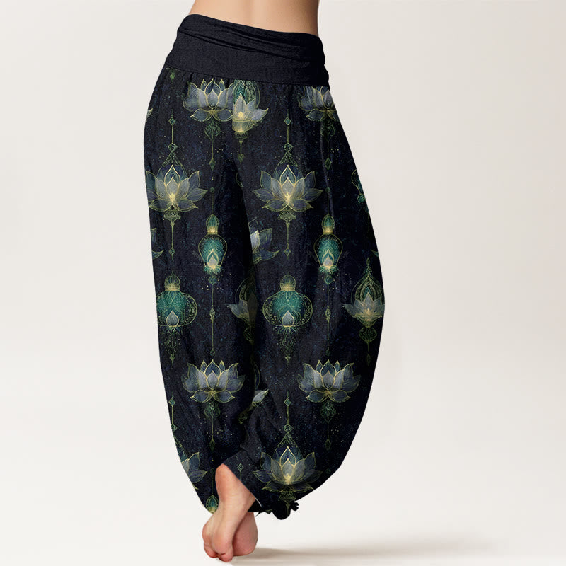Tactile Cotton Pleated Waist Lotus Print Meditation Harem Pants