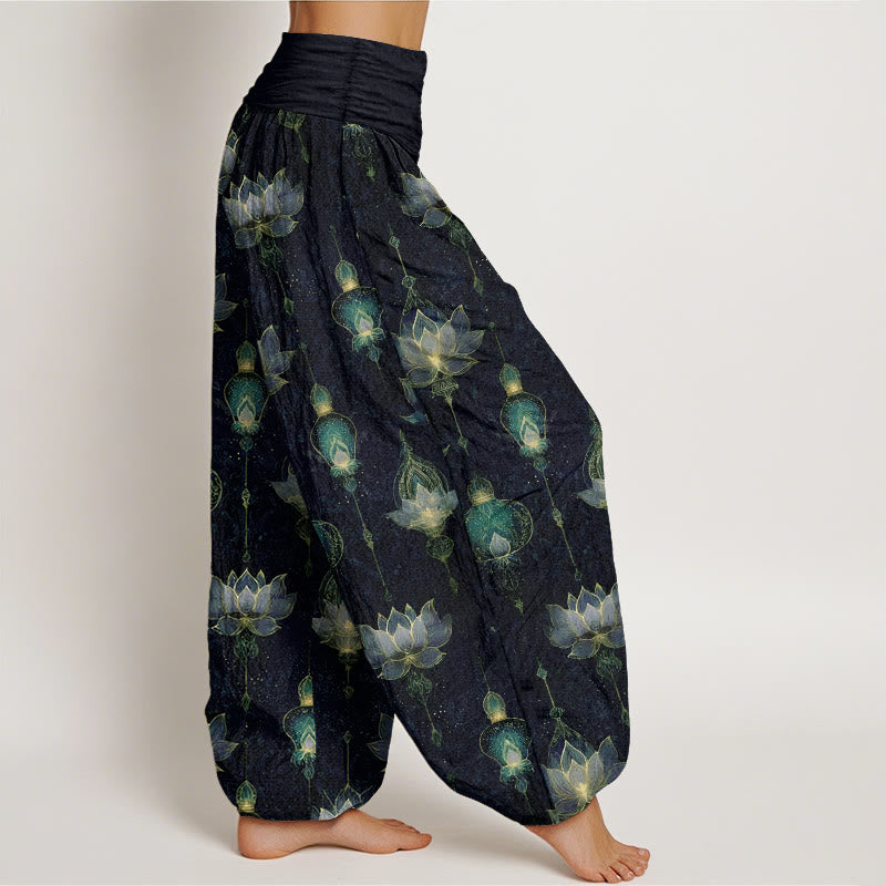 Tactile Cotton Pleated Waist Lotus Print Meditation Harem Pants