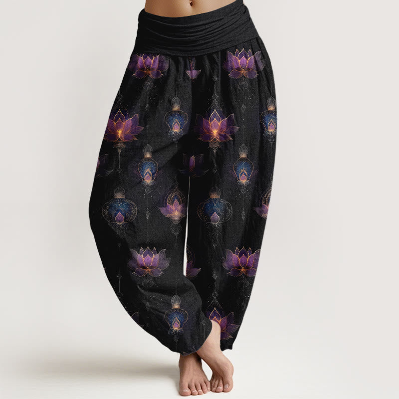 Tactile Cotton Pleated Waist Lotus Print Meditation Harem Pants
