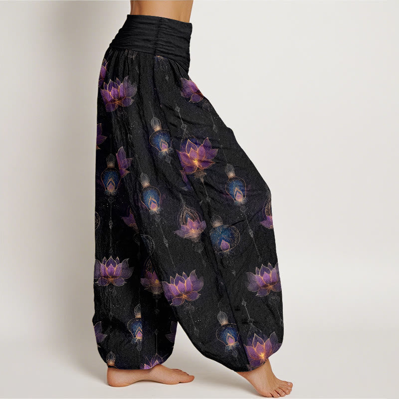 Tactile Cotton Pleated Waist Lotus Print Meditation Harem Pants
