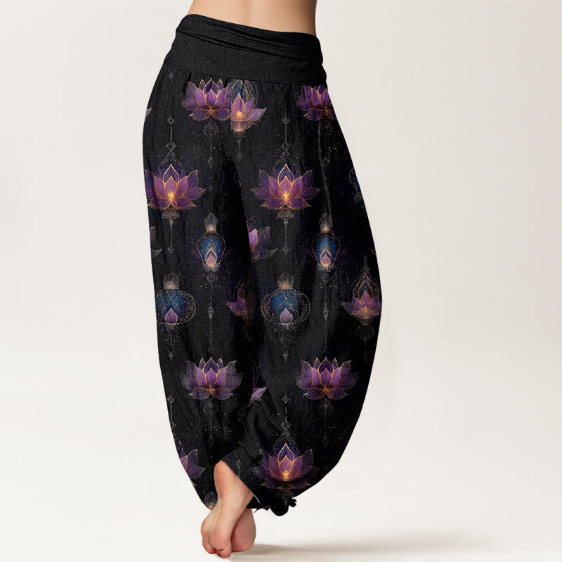 Tactile Cotton Pleated Waist Lotus Print Meditation Harem Pants
