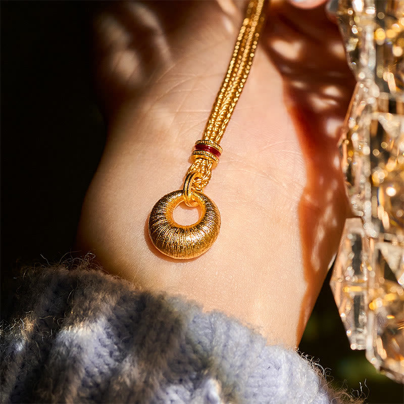 24k Gold Plated Copper Peace Buckle Texture Wealth Necklace Pendant