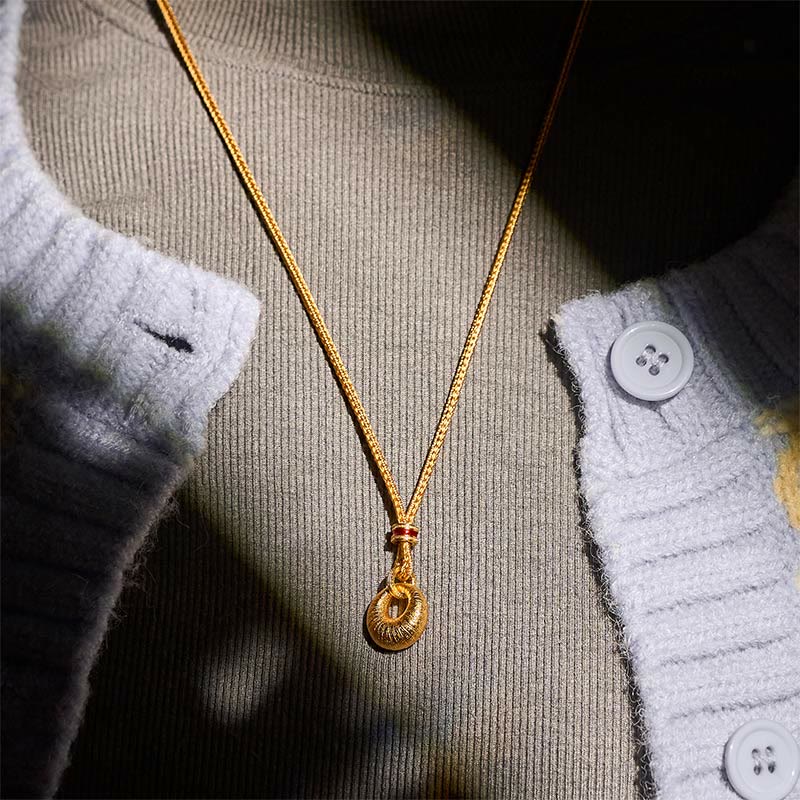 24k Gold Plated Copper Peace Buckle Texture Wealth Necklace Pendant