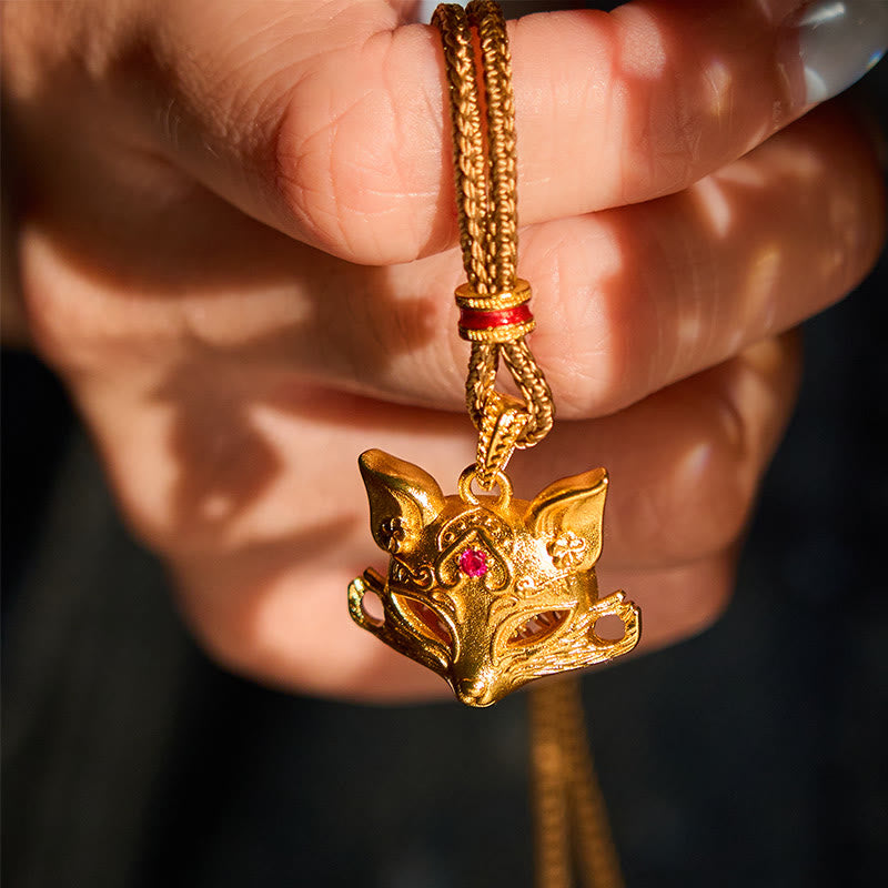 24k Gold Plated Brass Fox Charm Texture Rope Necklace Pendant