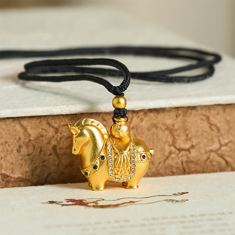 Year Of The Horse 24k Gold Plated Brass Rope Cord Necklace Pendant