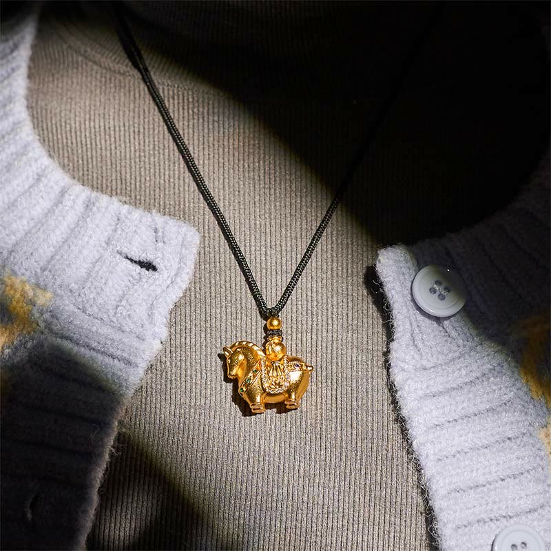 Year Of The Horse 24k Gold Plated Brass Rope Cord Necklace Pendant