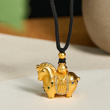 Year Of The Horse 24k Gold Plated Brass Rope Cord Necklace Pendant