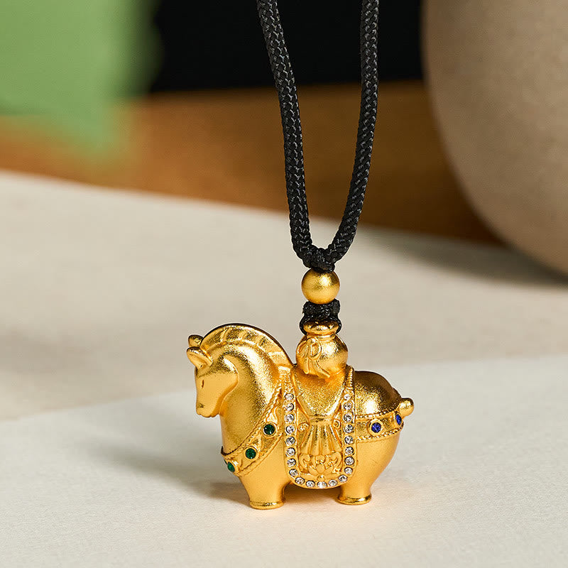 Year Of The Horse 24k Gold Plated Brass Rope Cord Necklace Pendant