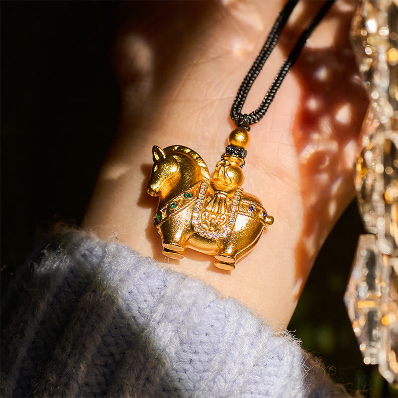 Year Of The Horse 24k Gold Plated Brass Rope Cord Necklace Pendant
