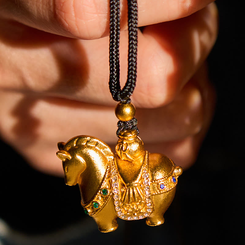 Year Of The Horse 24k Gold Plated Brass Rope Cord Necklace Pendant