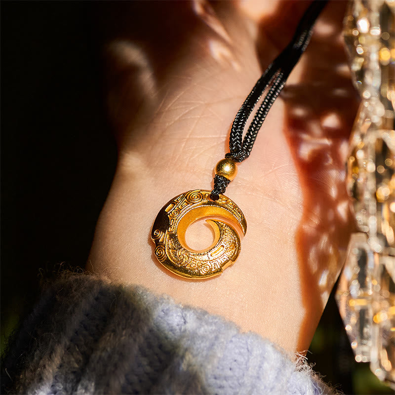 24k Gold Plated Brass Peace Buckle Black Rope Auspicious Necklace Pendant