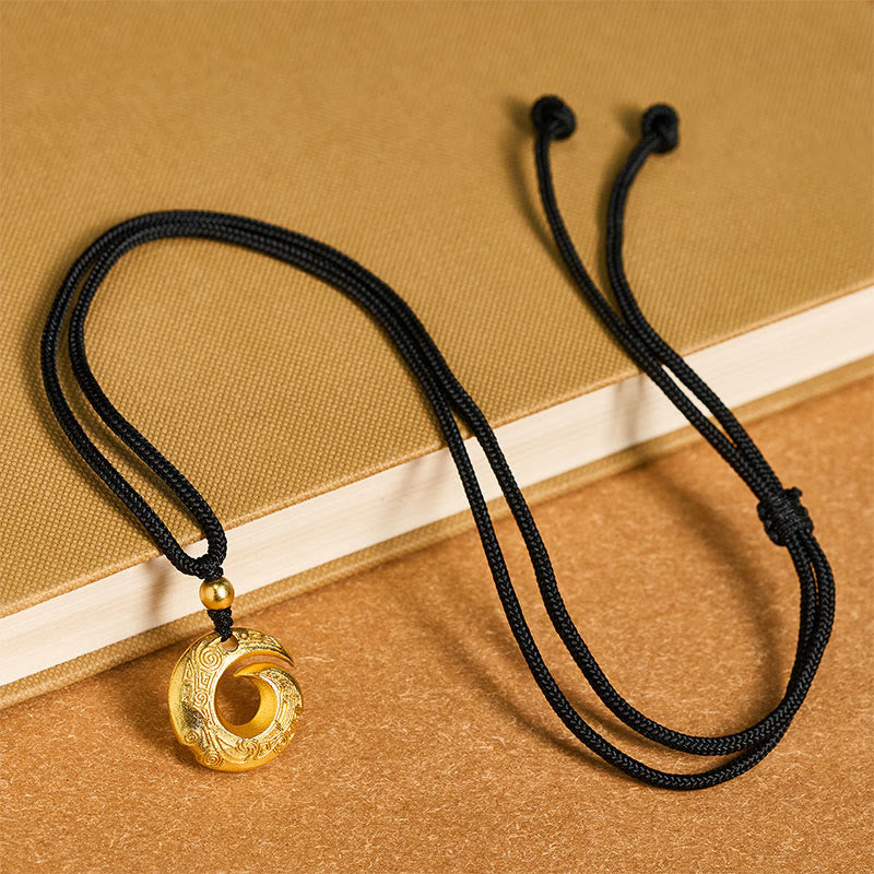 "Wishing You Good Fortune" 24k Gold Plated Brass Peace Buckle Black Rope Necklace Includes Gift Message Card