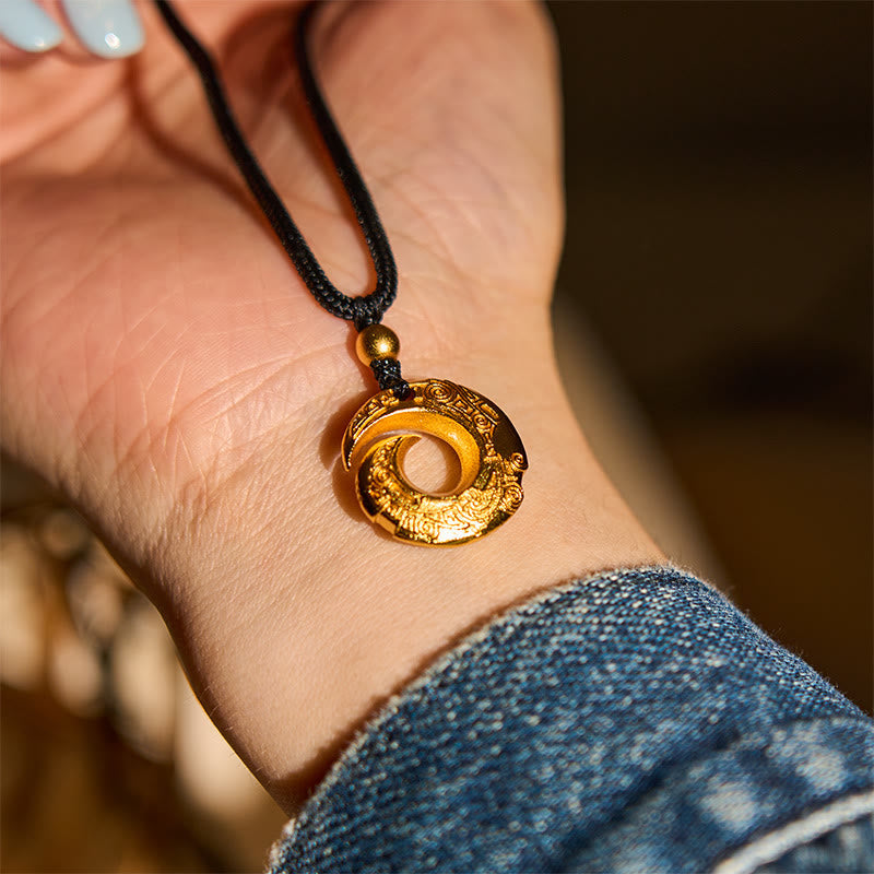 "Wishing You Good Fortune" 24k Gold Plated Brass Peace Buckle Black Rope Necklace Includes Gift Message Card