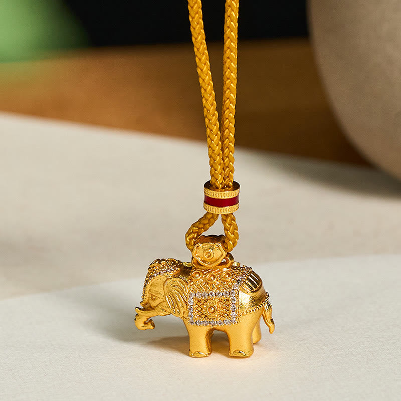 24k Gold Plated Brass Elephant Charm Strength Rope Necklace Pendant