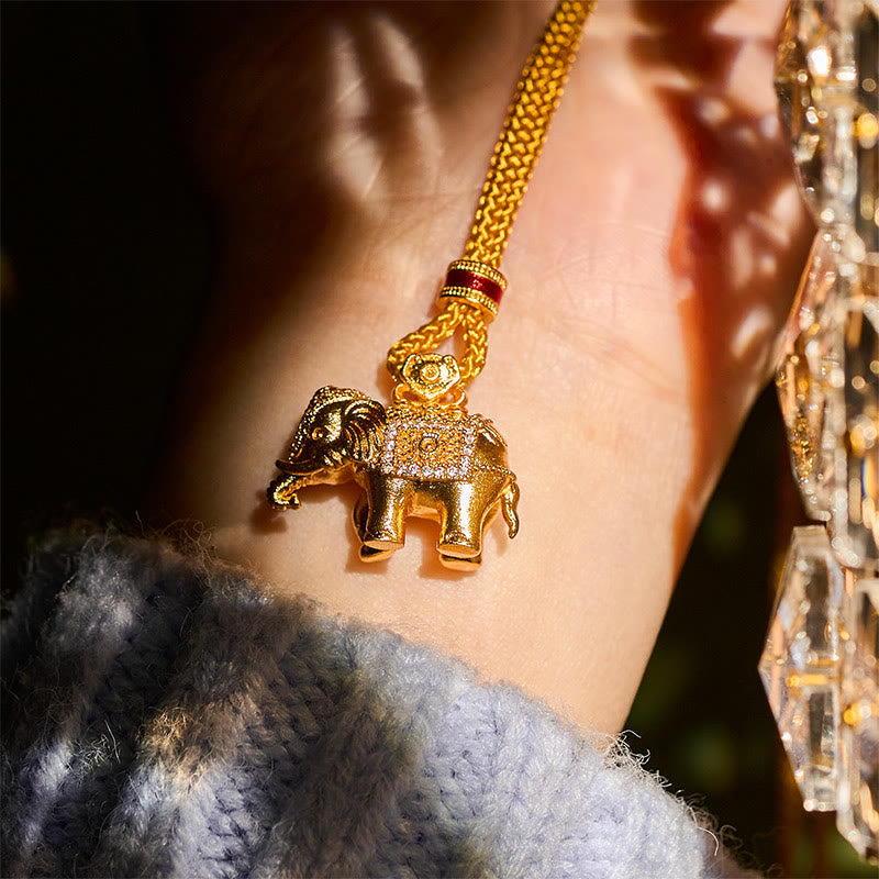 24k Gold Plated Brass Elephant Charm Strength Rope Necklace Pendant