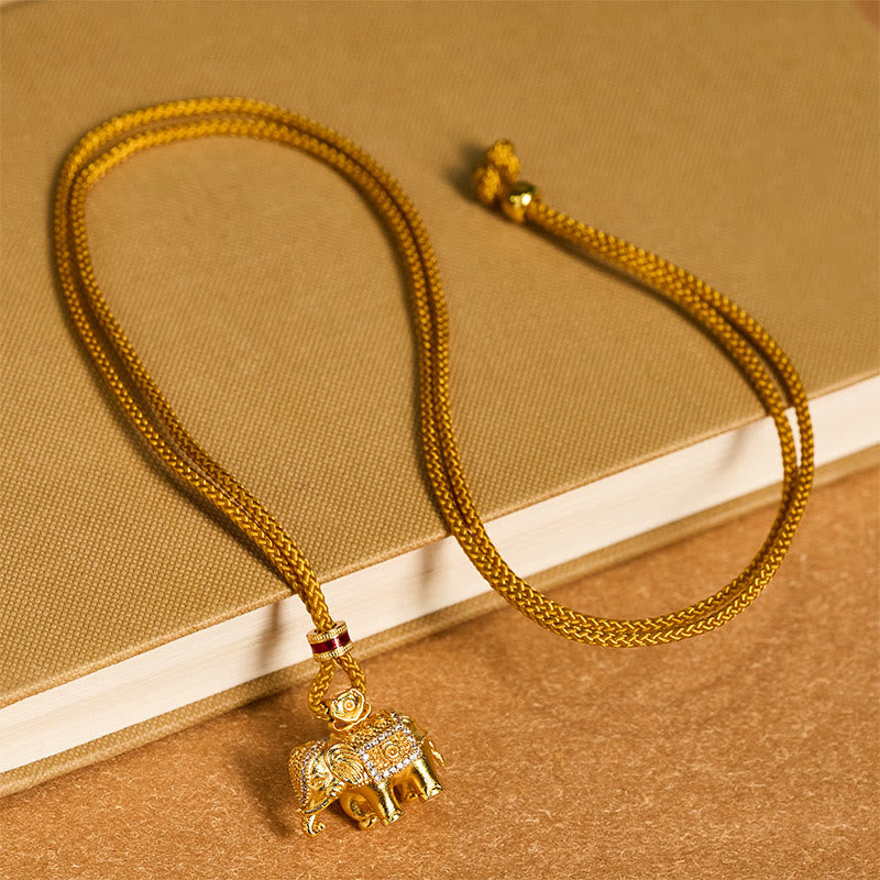 24k Gold Plated Brass Elephant Charm Strength Rope Necklace Pendant