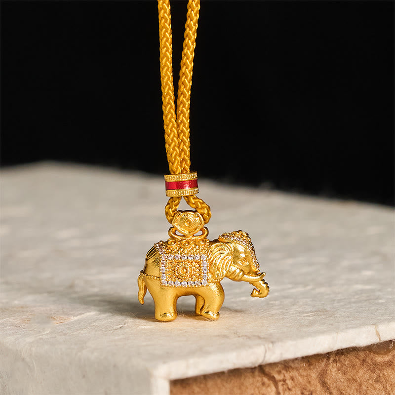 24k Gold Plated Brass Elephant Charm Strength Rope Necklace Pendant