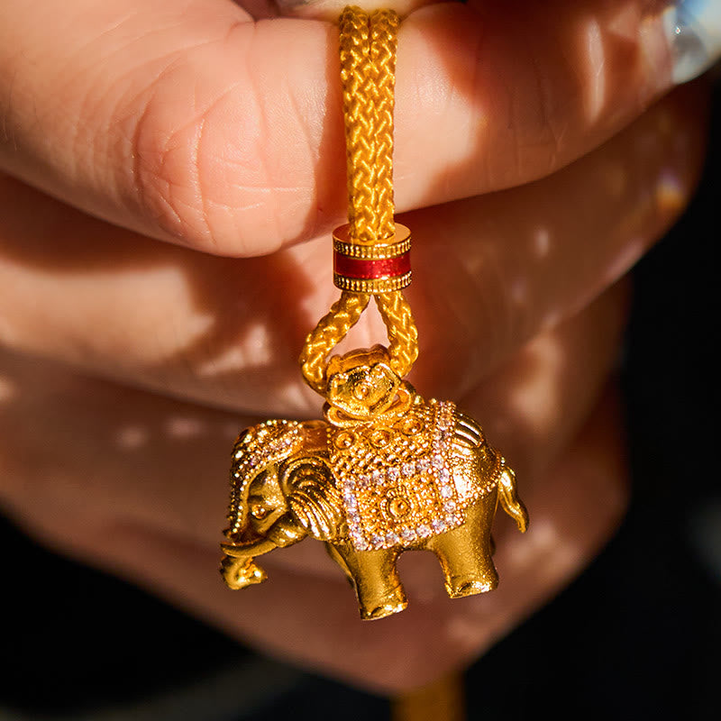 24k Gold Plated Brass Elephant Charm Strength Rope Necklace Pendant