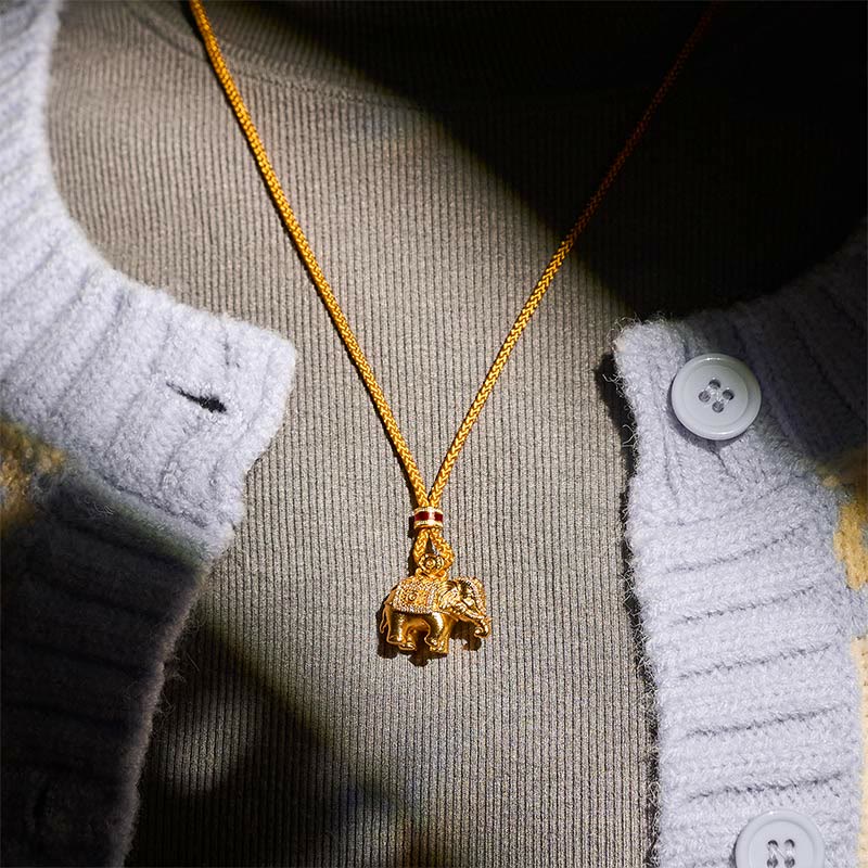 24k Gold Plated Brass Elephant Charm Strength Rope Necklace Pendant