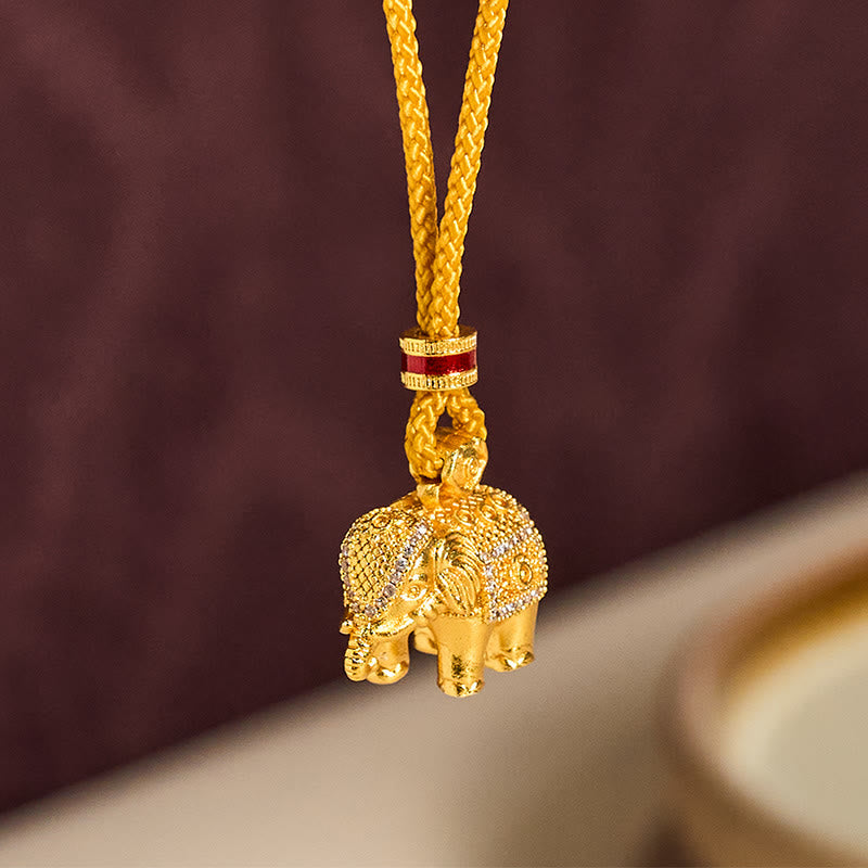 24k Gold Plated Brass Elephant Charm Strength Rope Necklace Pendant