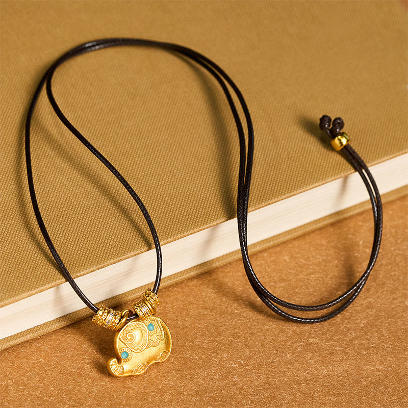 Elephant Symbol 24k Gold Plated Brass Strength Rope Necklace Pendant