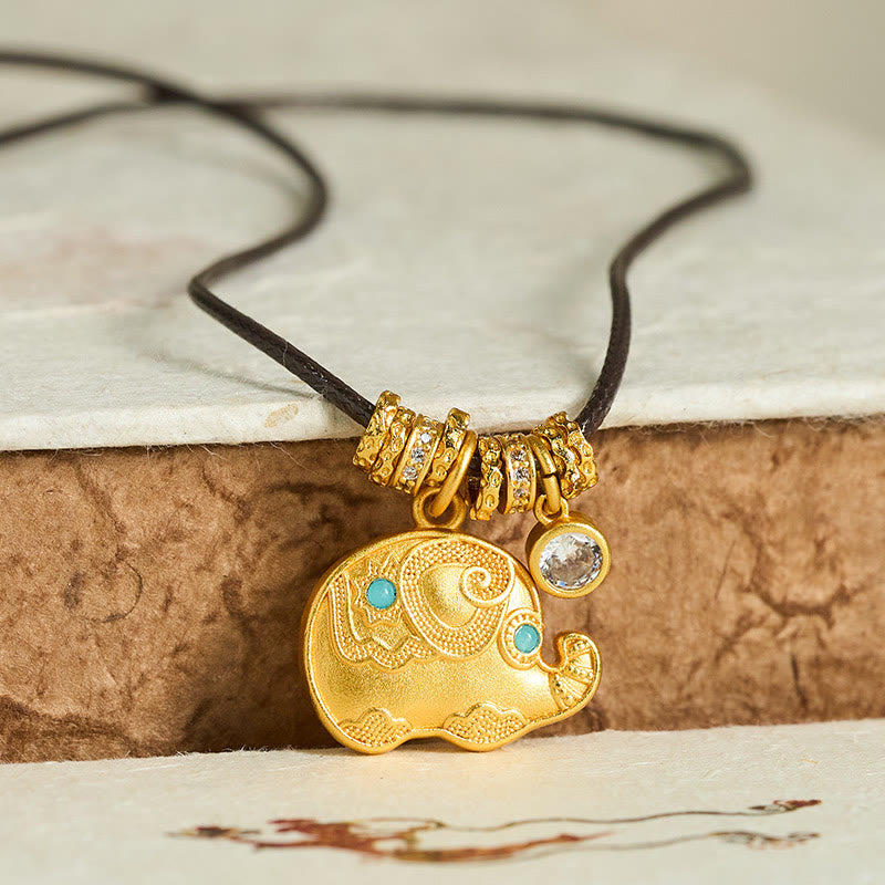 Elephant Symbol 24k Gold Plated Brass Strength Rope Necklace Pendant