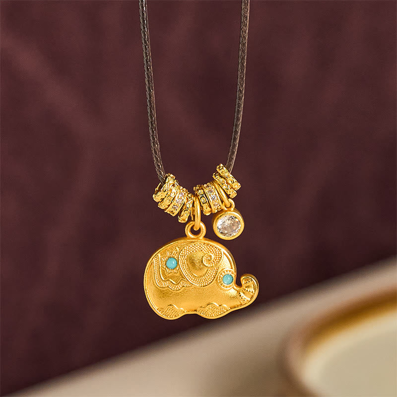 Elephant Symbol 24k Gold Plated Brass Strength Rope Necklace Pendant