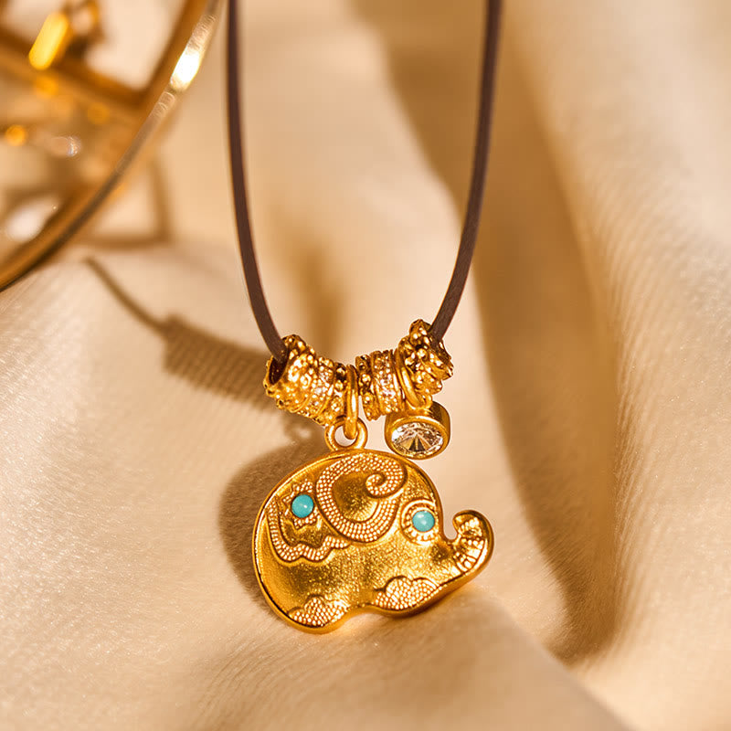 Elephant Symbol 24k Gold Plated Brass Strength Rope Necklace Pendant