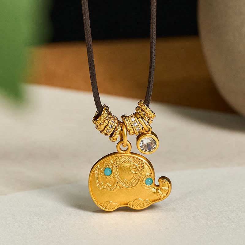 Elephant Symbol 24k Gold Plated Brass Strength Rope Necklace Pendant