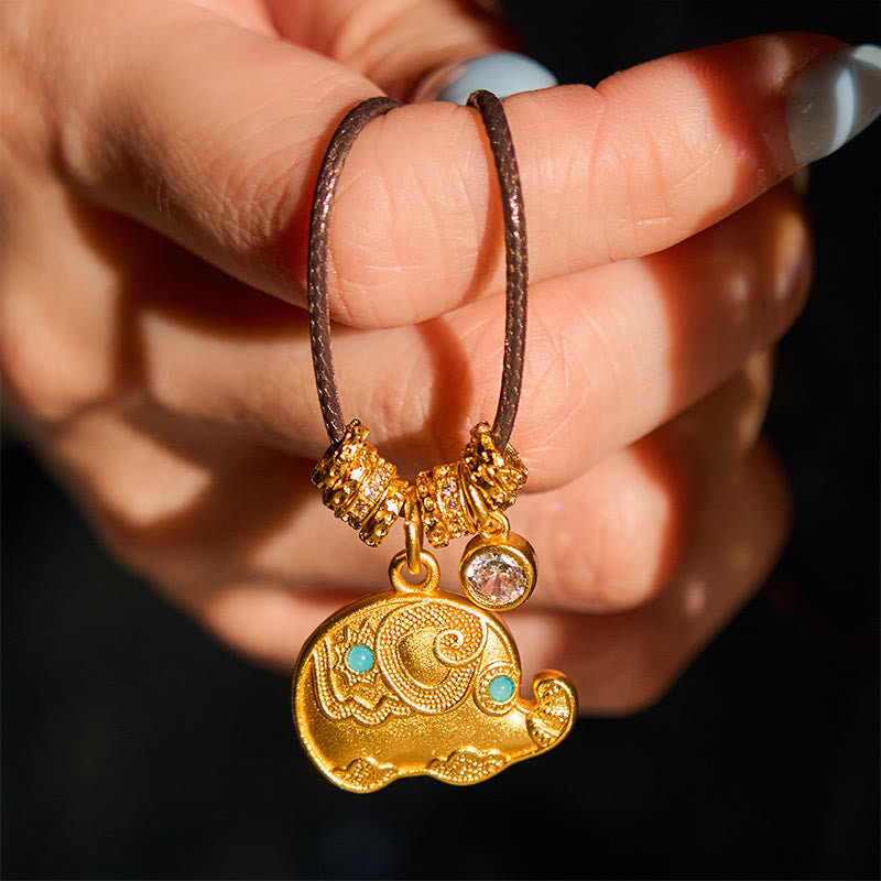 Elephant Symbol 24k Gold Plated Brass Strength Rope Necklace Pendant