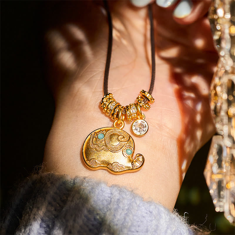 Elephant Symbol 24k Gold Plated Brass Strength Rope Necklace Pendant
