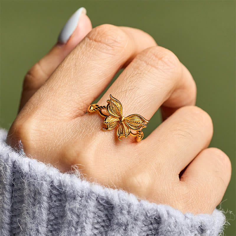 24k Gold Plated Brass Butterfly Symbol Adjustable Love Ring